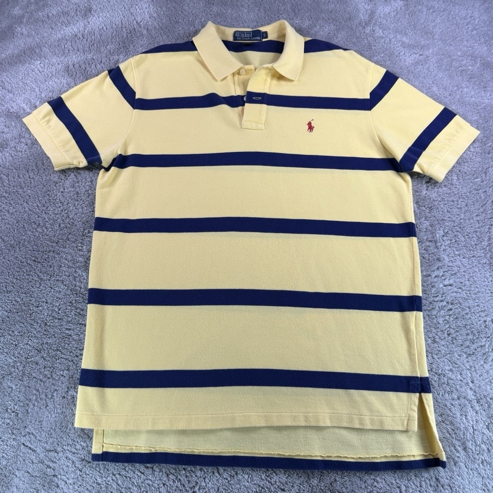Polo Ralph Lauren Mens L Yellow Navy Stripe Pony 100% Cotton Rugby Polo Shirt